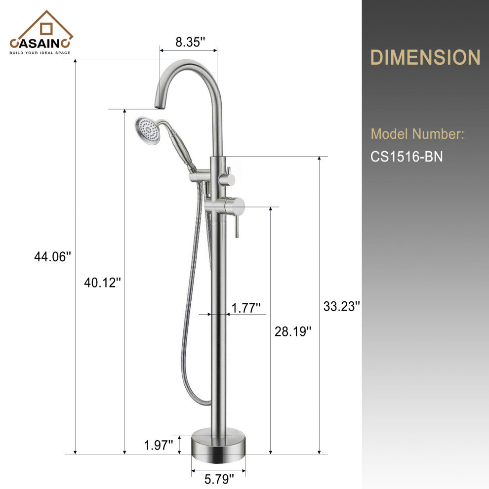 6 GPM Freestanding Bathtub Faucet with Hand Held Shower and Double Handle, Brushed Nickel