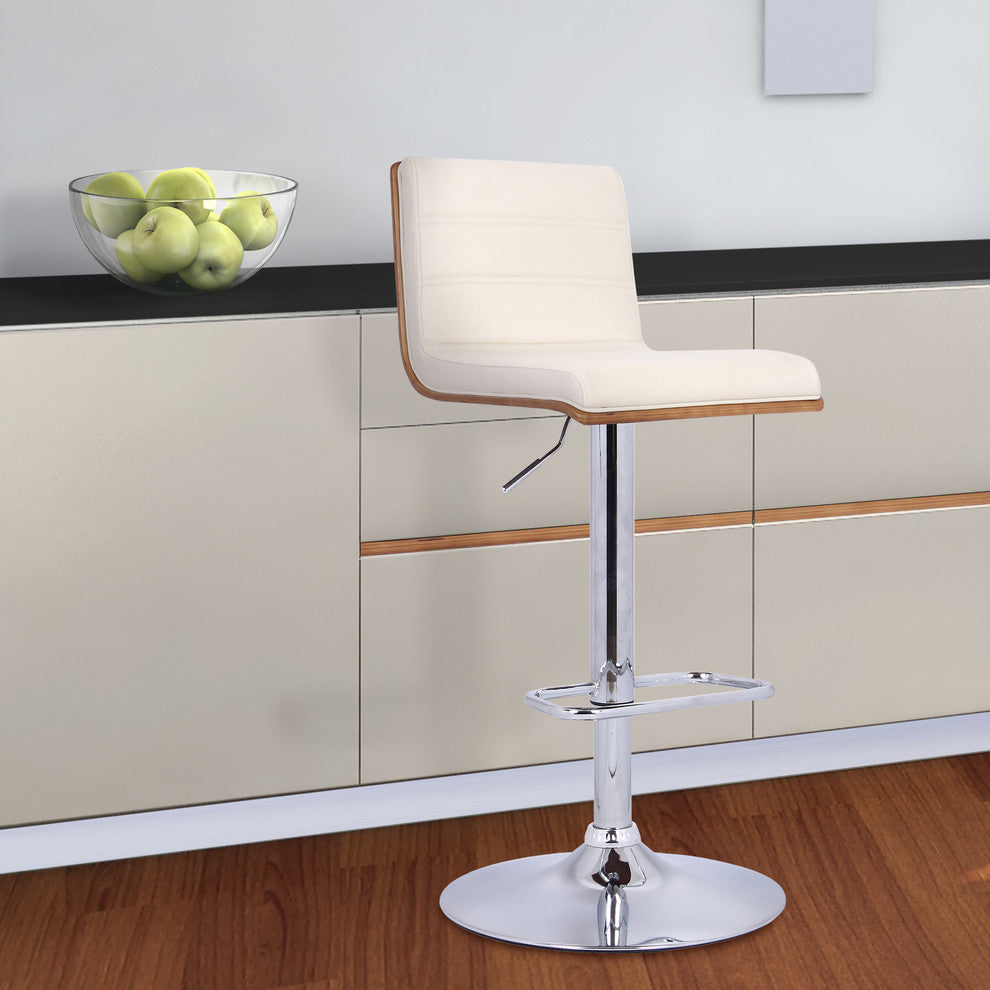 Prenatt Barstool Chrome Base Finish With Cream Faux Leather and Walnut Back