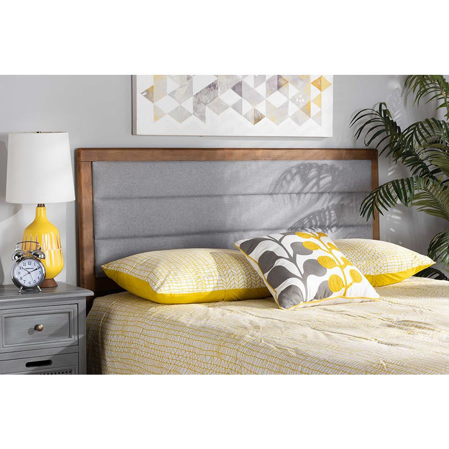 Light Grey Fabric Upholstered and Walnut Brown Finished Wood King Size Headboard