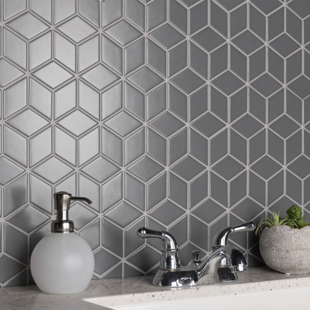 Metro Rhombus Mosaic Floor and Wall Tile, Matte Grey