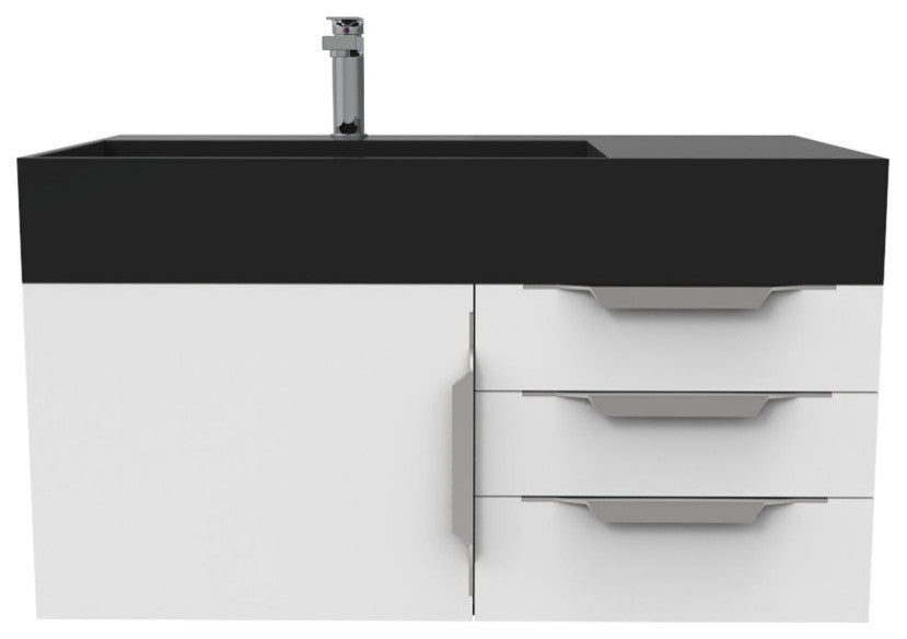 CastelloUSA Amazon 36" Wall Mount Vanity Set, White, Black Top, Chrome Handles