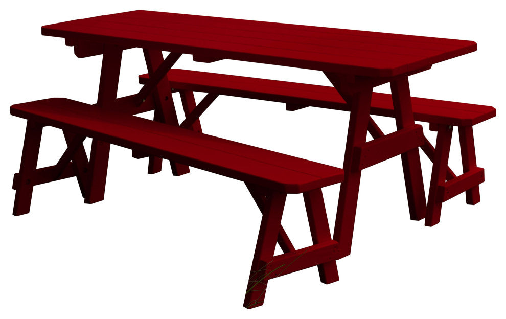 Pine Traditional Table With 2 Benches, Tractor Red, 8 Foot, 2 Benches