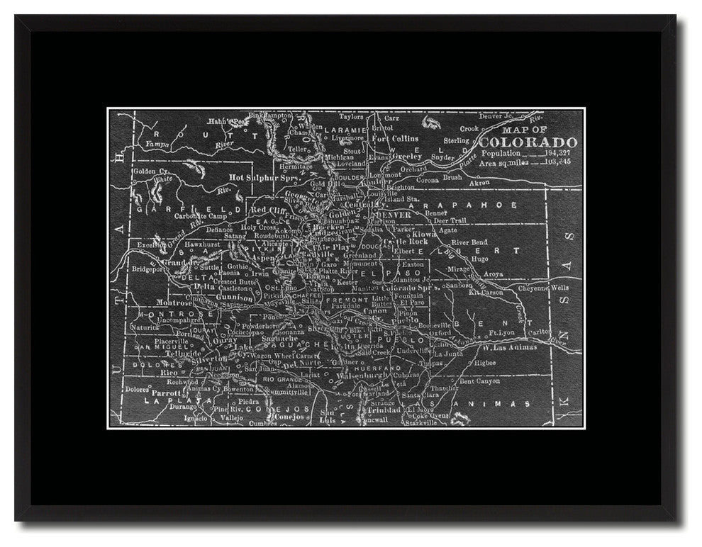Colorado Monochrome Map Print On Canvas With Black Custom Frame, 16" X 21"