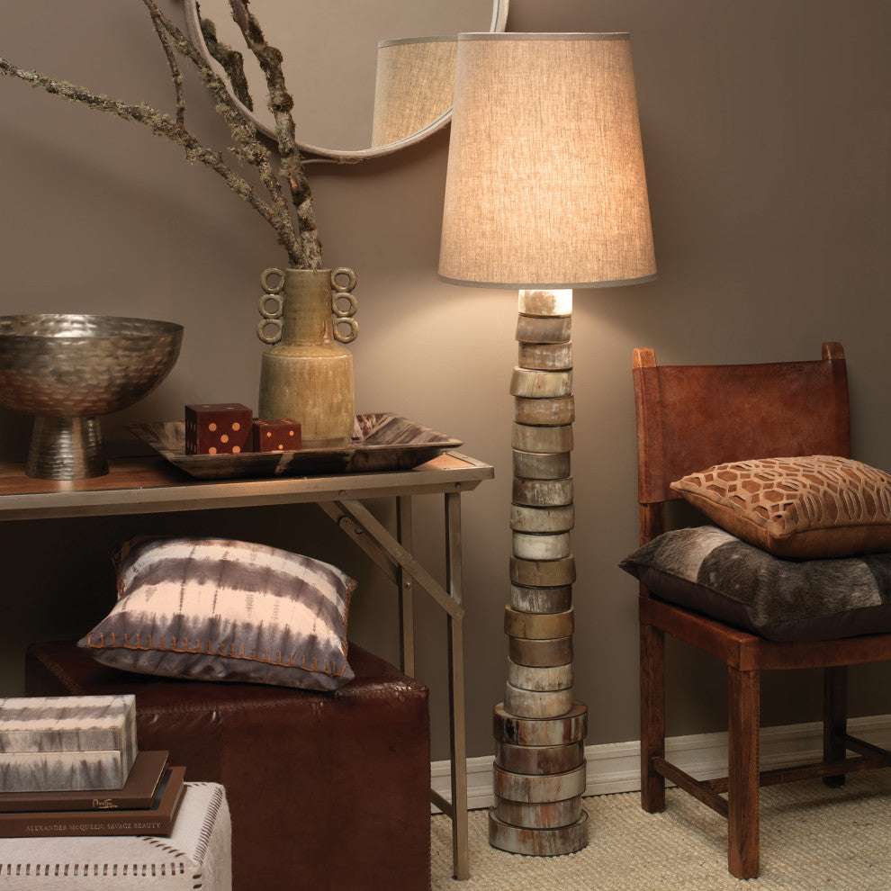 Stacked Horn Floor Lamp, Horn With Large Drum Shade, Elephant Hemp