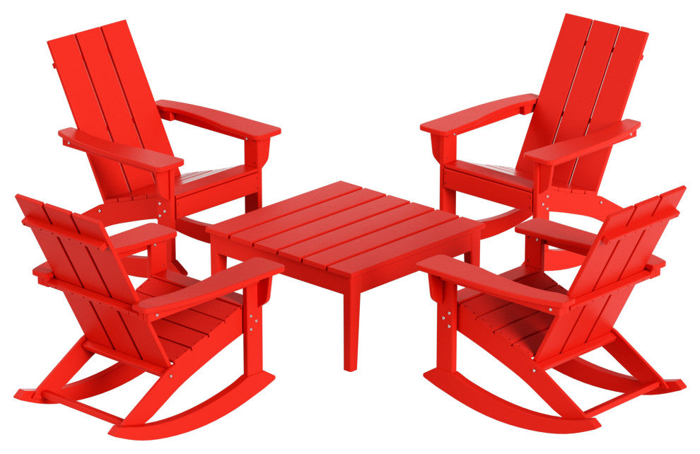 WestinTrends 5PC Outdoor Patio Adirondack Rocking Chairs, Accent Table Set, Red