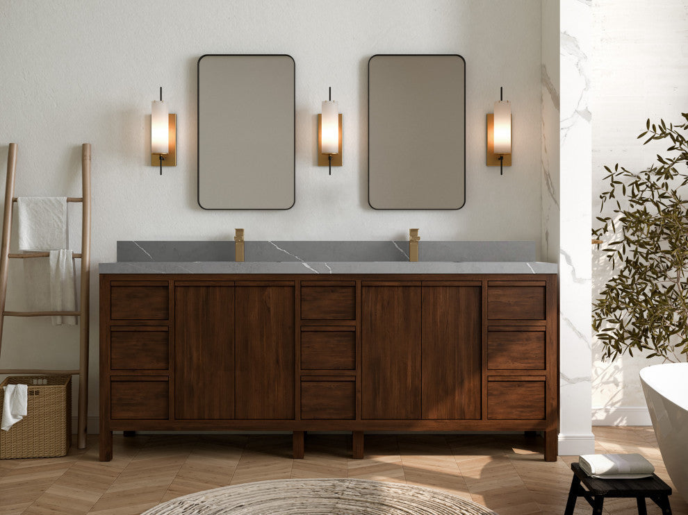 Elizabeth 84 Double Sink Bath Vanity in Dark Walnut Teak 2" Piatra Gray