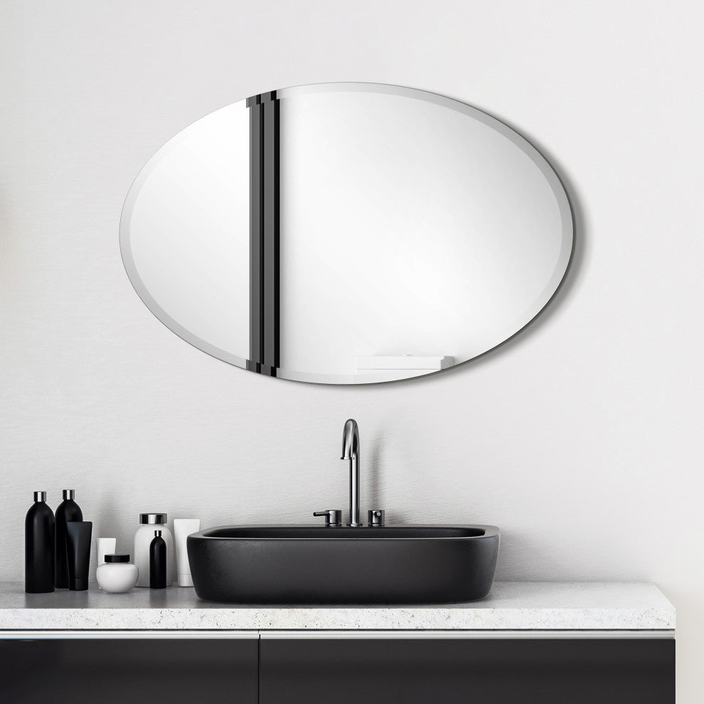 Frameless Beveled Oval Wall Mirror, 1" Beveled Edge, 36"x24"