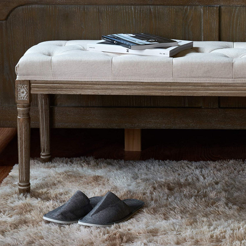Extra-Long French Vintage Bench with Padded Seat & Rubberwood Legs
