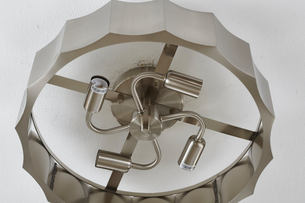 Iron Wave Flushmount Light With White Frosted Acrylic Cover, Shiny Nickel