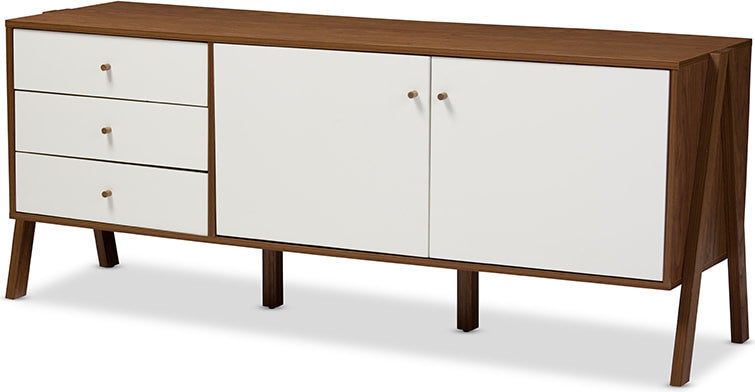 Harlow Mid-Century White and Walnut Wood Sideboard Storage Cabinet