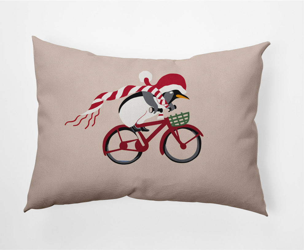 Pedaling Penguin Animal Decorative Throw Pillow, Taupe, 14"x20"