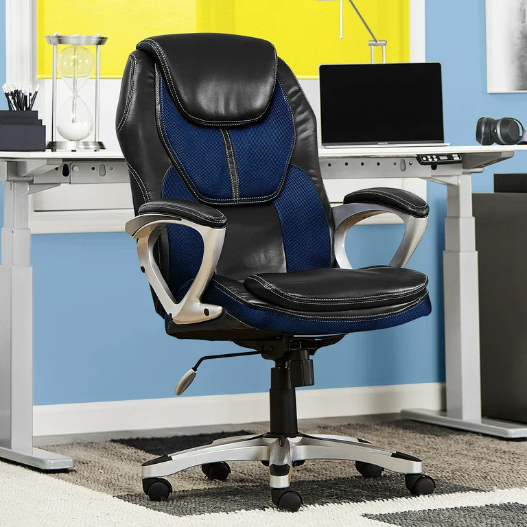 Ergonomic Office Chair, Vegan Leather Seat With Padded High Backrest, Black/Blue