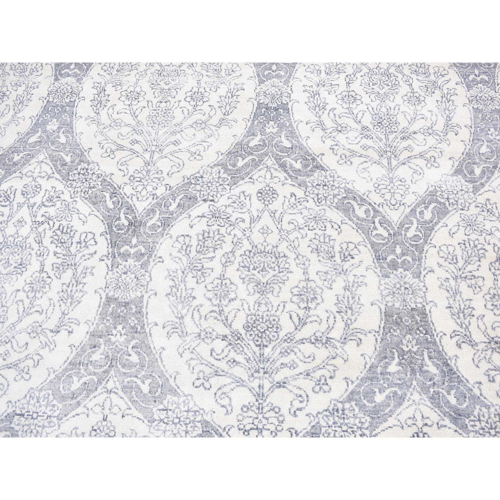 Ivory Hand Knotted Cotton Mughal Empire Agra Flower Bouquet Design Rug 9'x12'