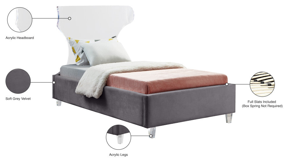 Ghost Velvet Upholstered Bed, Gray, Twin