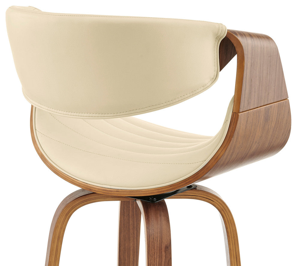 26" Cream Faux Leather and Walnut Wood Retro Chic Swivel Counter Stool