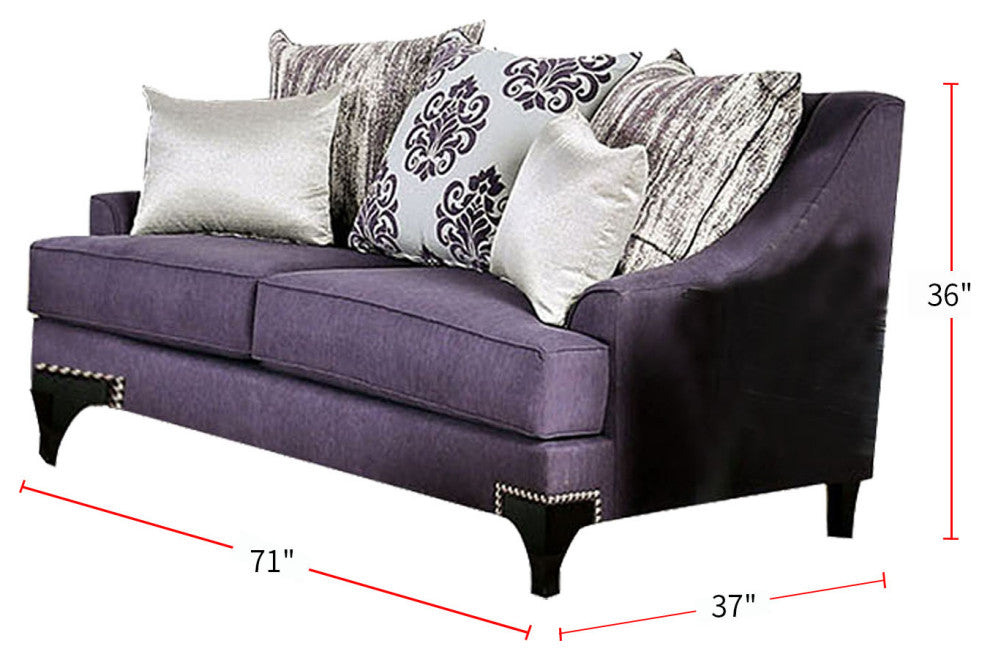 Chenille And Wooden Love Seat with Sloped Arms Design, Purple