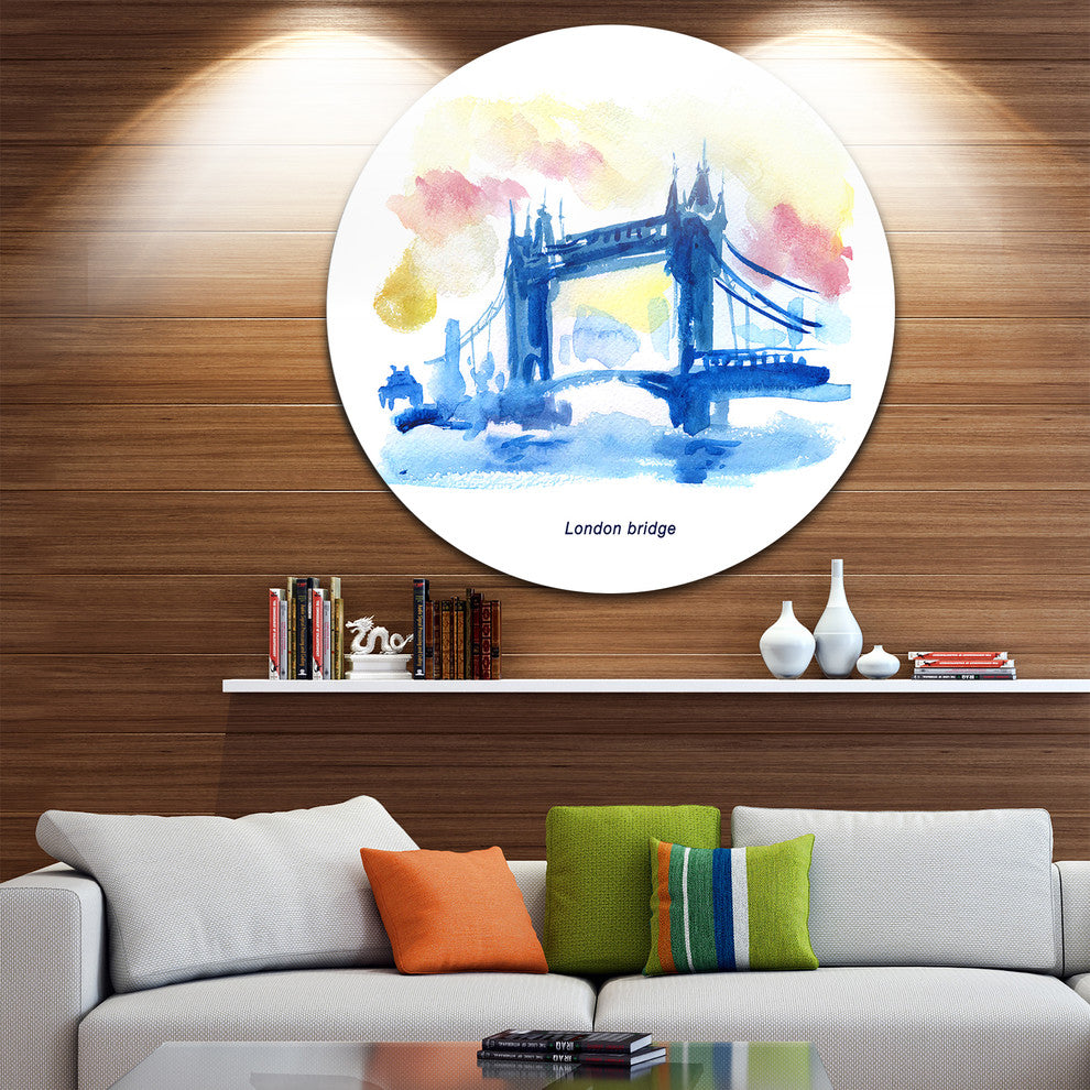 London Hand-Drawn Illustration, Cityscape Disc Metal Wall Art, 23"