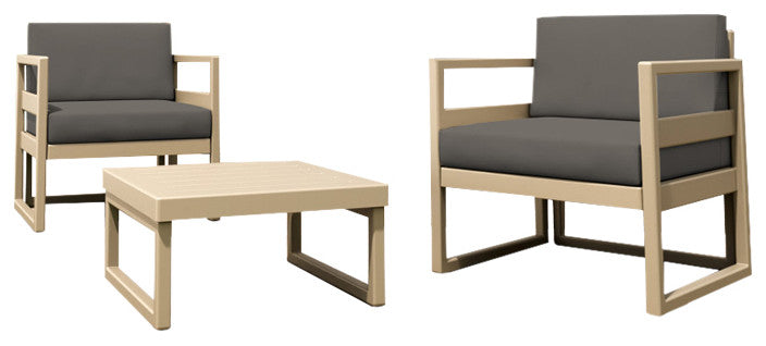 Compamia Mykonos Club 3-Piece Seating Set, Taupe With Sunbrella Charcoal Cushion