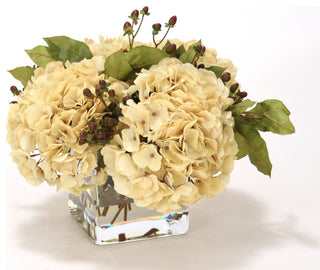 WaterlookÂ® Beige Hydrangeas, Brown Hypercum Berries in Square Glass Vase