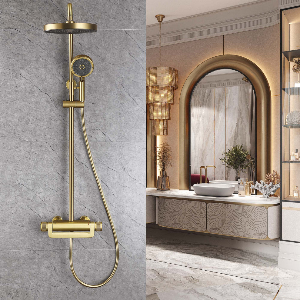 Thermostatic Wall Mounted Shower System with Multi-Function Hand Shower, Brushed Gold
