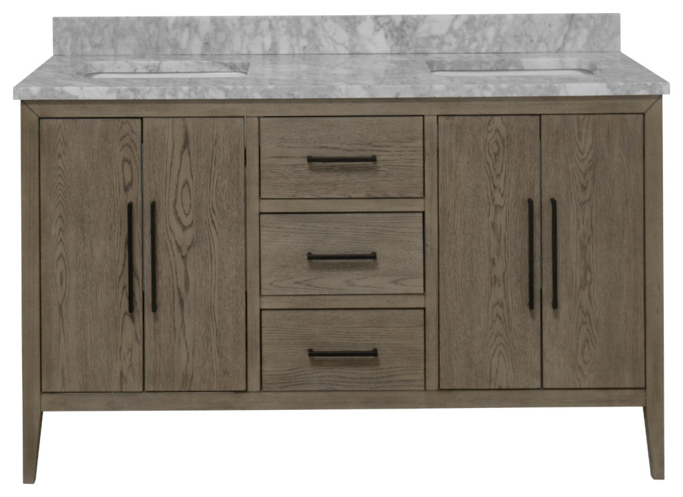 Parisian 60" Bathroom Vanity, Gray Oak, Carrara Marble, Double