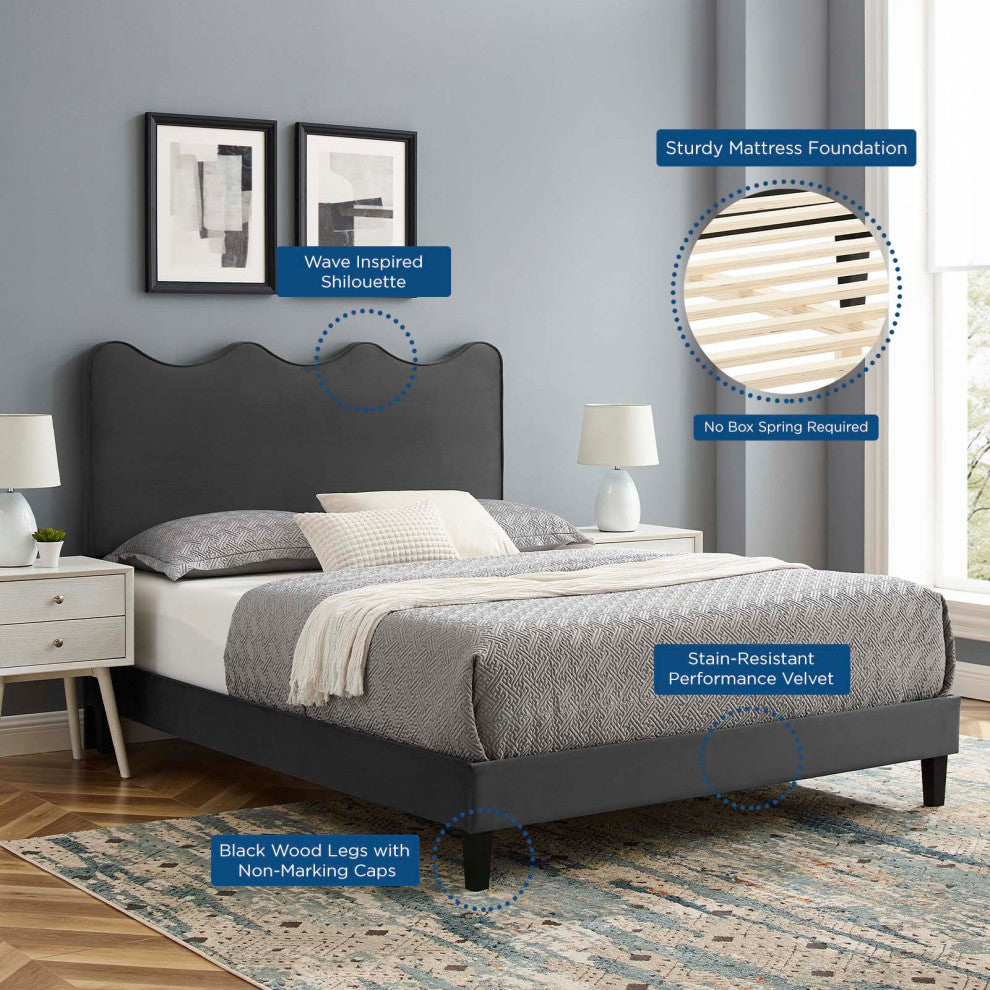 Platform Bed Frame, King Size, Charcoal Gray, Velvet, Modern, Guest Suite