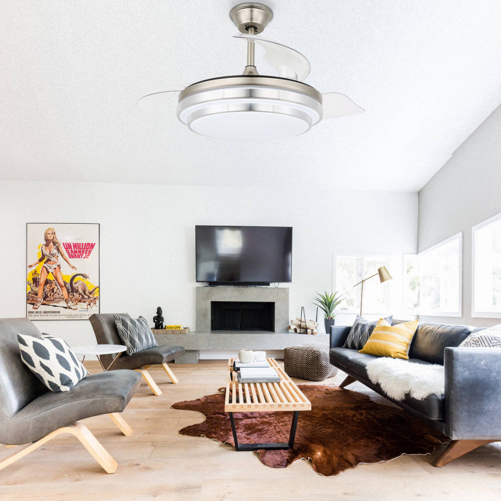 36" Modern Retractable Ceiling Fan Reversible With Remote Control and Light, 36inch