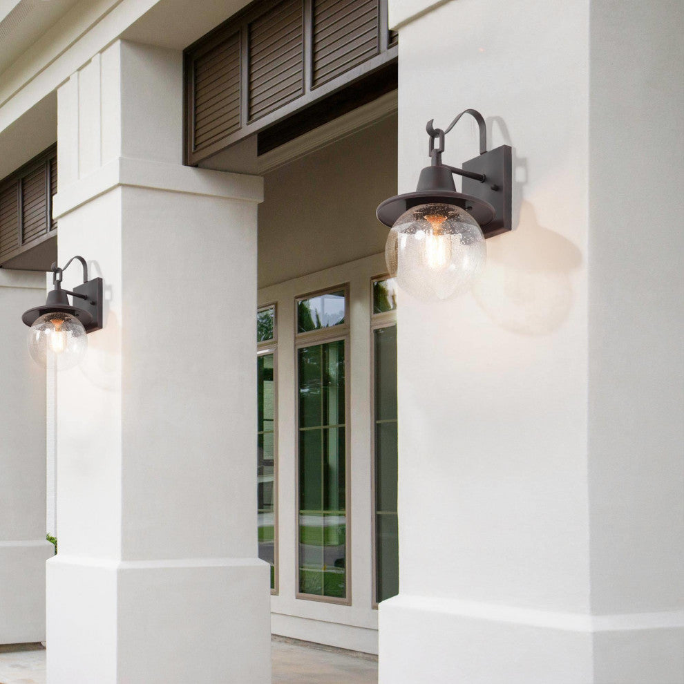 1-Light Bronze Seeded Glass Globe Outdoor Wall Lamp, Set of 2
