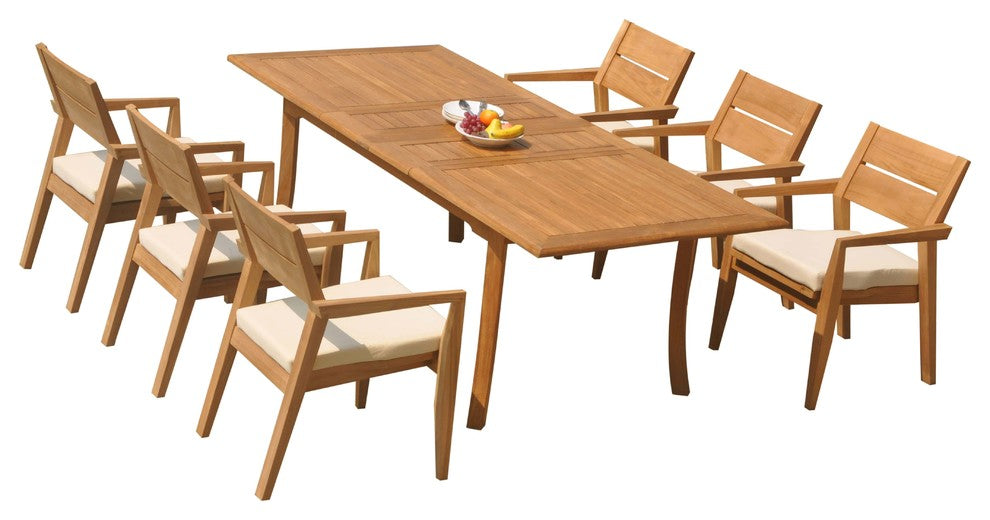 7-Piece Outdoor Teak Dining Set: 94" Rectangle Table, 6 Celo Stacking Arm Chairs