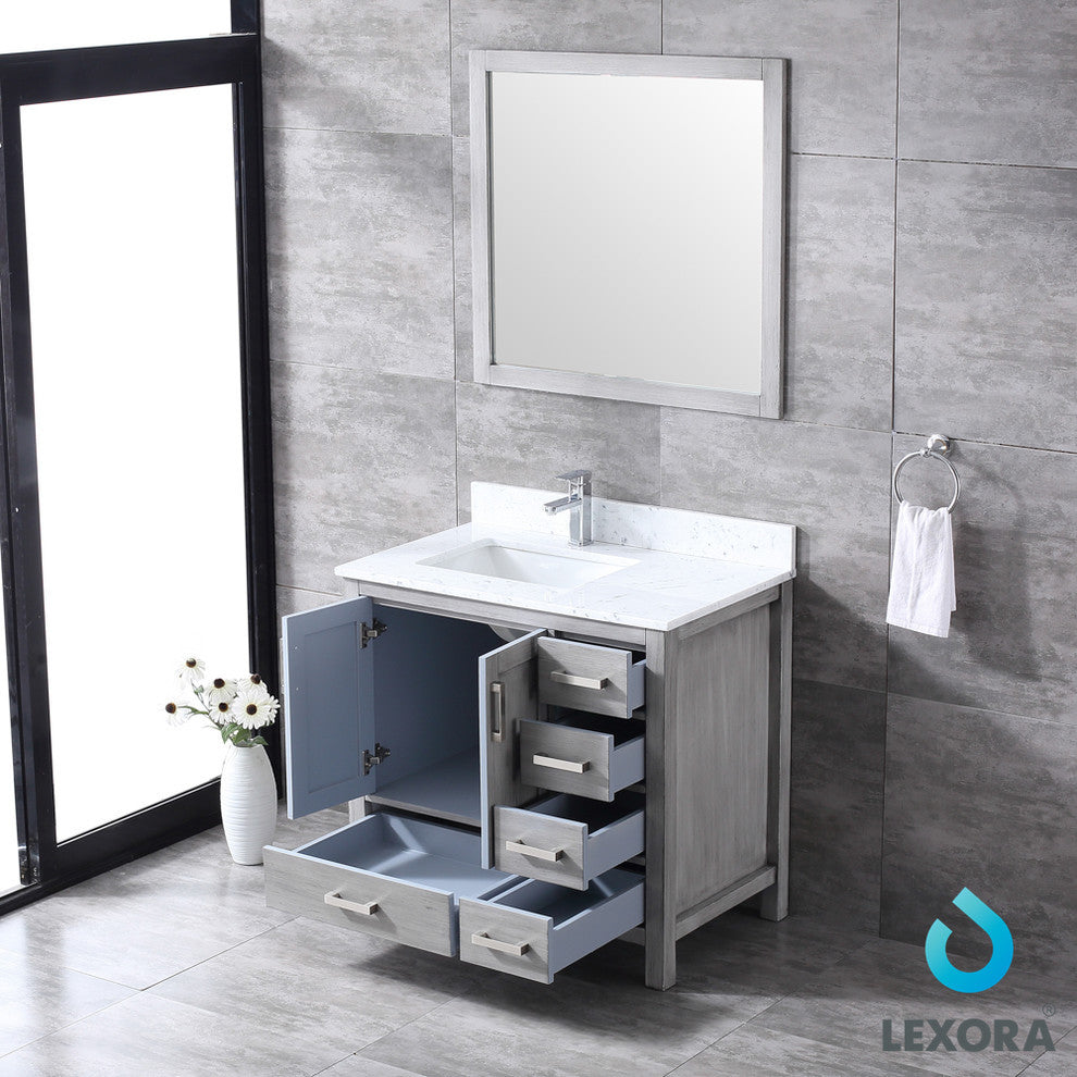 36" Single Vanity With Carrera Marble Top, Sink and 34" Mirror, Distressed Gray