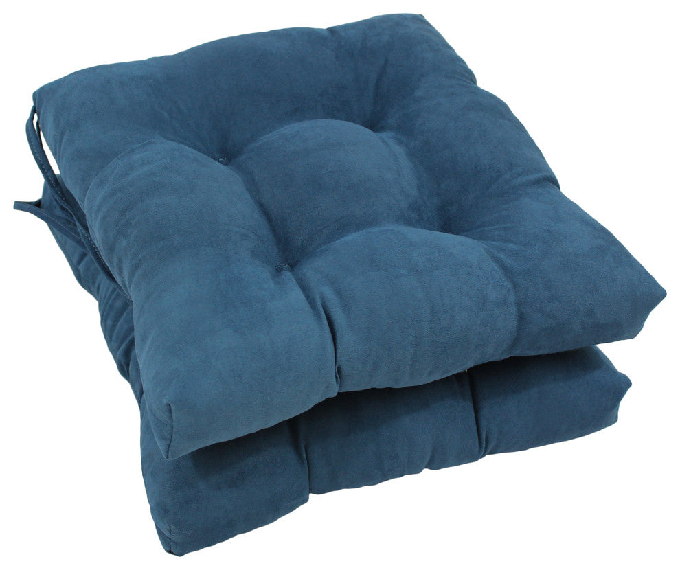 16" Solid Micro Suede Square Tufted Chair Cushions, Set of 2, Indigo