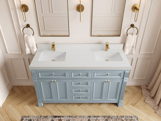 Paris 60" Double Sink Bathroom Vanity, Blue Heather 2" White Quartz