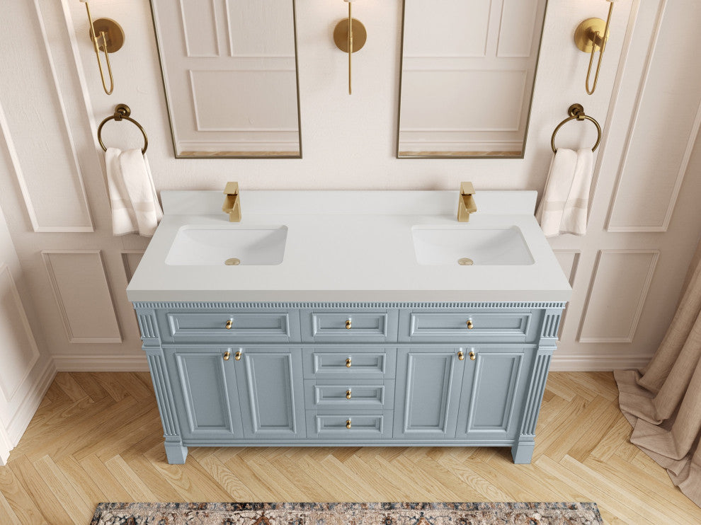 Paris 60" Double Sink Bathroom Vanity, Blue Heather 2" White Quartz