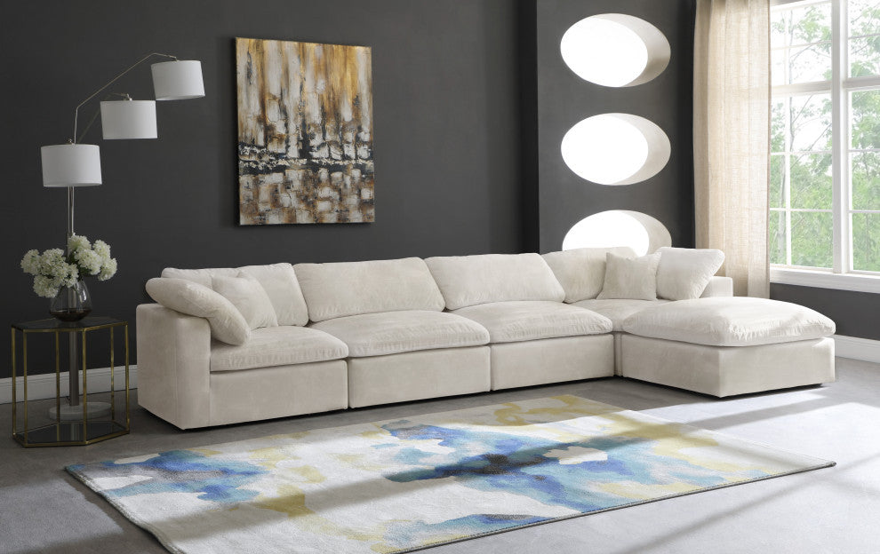 Cozy Velvet Upholstered Comfort L-Shaped Modular Sectional, Cream, 5-Piece: 2 Armless Chair, 2 Corner Chair, 1 Ottoman