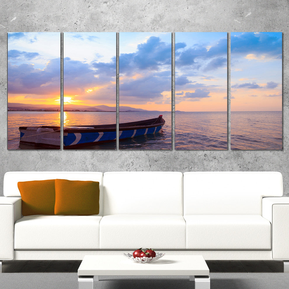 "Small Fishermen Boat At Sunset" Modern Seashore Canvas Art, 5 Panels, 60"x28"