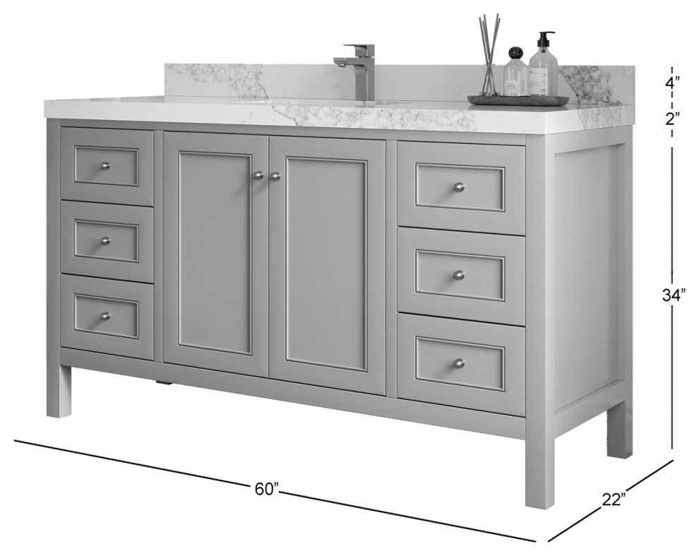 Nashville 60" Single Bathroom Vanity, White 2" Piatra Gray