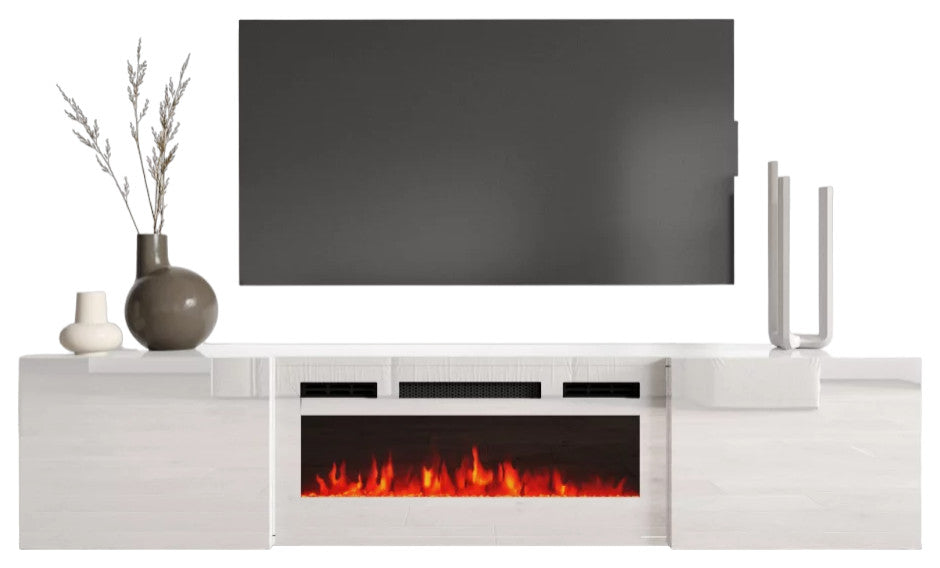 72" High Gloss Floating Fireplace TV Stand, Modern Wall-Mounted Design, White
