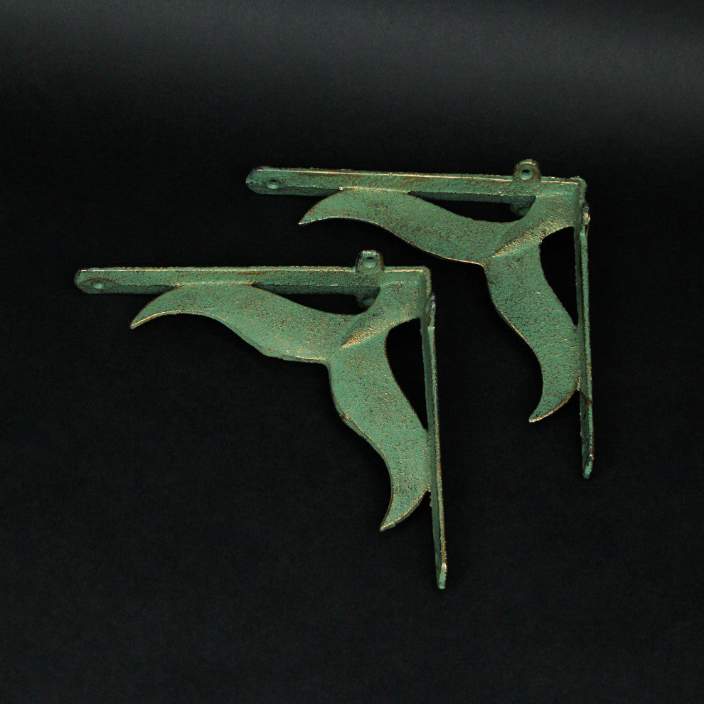 Set of 2 Cast Iron Verdigris Whale Tail Wall Bracket Shelf Decor