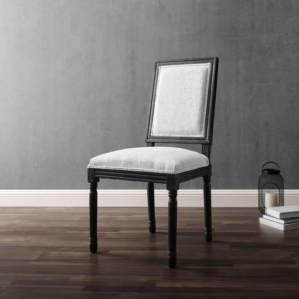 French Vintage Side Dining Chair, Fabric, Wood, Black Gray, Modern, Bistro