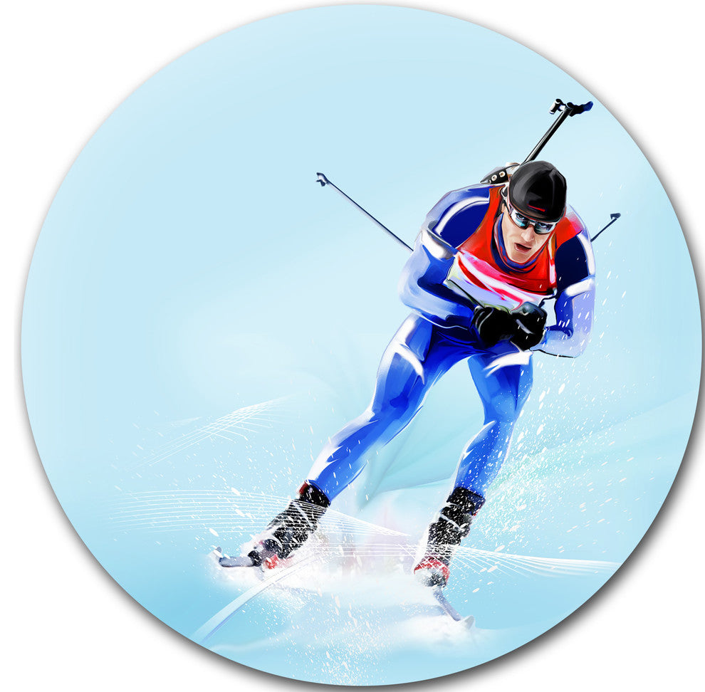 Professional Male Skier, Portrait Digital Art Round Metal Wall Art, 36"