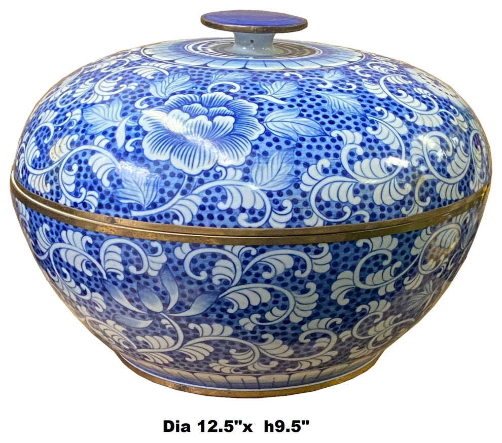 Vintage Blue White Porcelain Floral Pattern Accent Round Box Display Hws1998