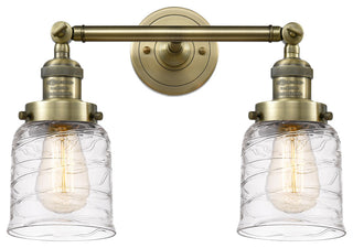 Small Bell 2 Light Bath Vanity Light, Antique Brass, Deco Swirl