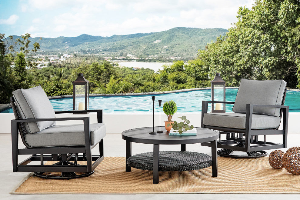 Caymen 3-Piece Black Aluminum Outdoor Seating Set With Dark Gray Cushions