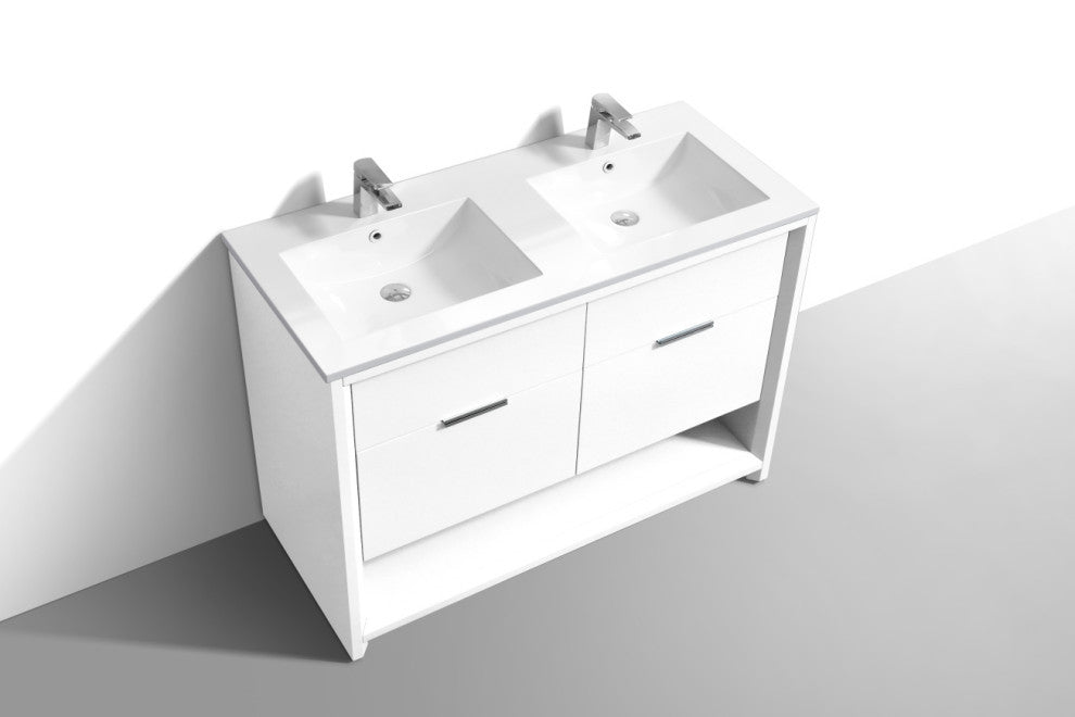 KubeBath Nudo 48'' Double Sink Floor Mount Modern Bathroom Vanity, Gloss White