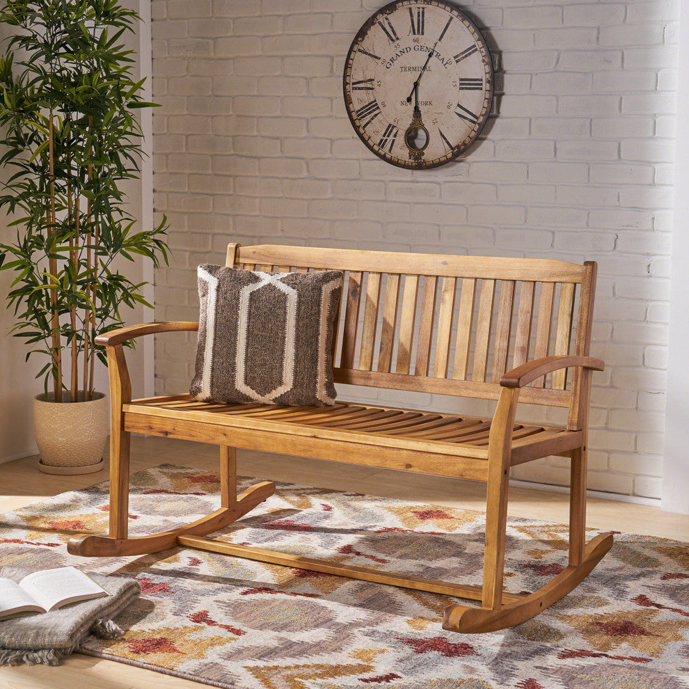 GDF Studio Baxter Rocking Acacia Wood Loveseat, Natural Stain