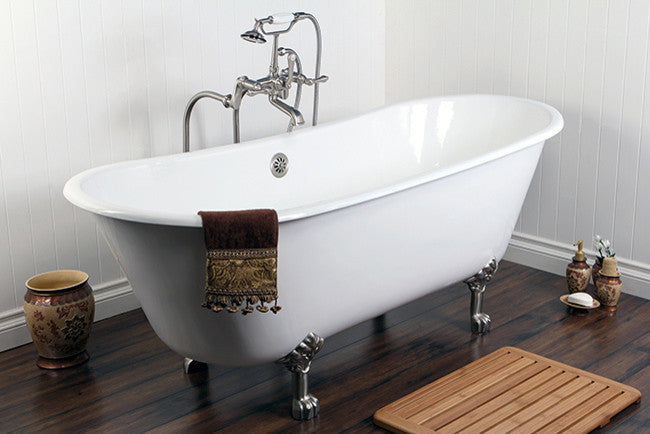 67" Double Slipper Clawfoot Tub No Faucet Drillings, White/Brushed Nickel