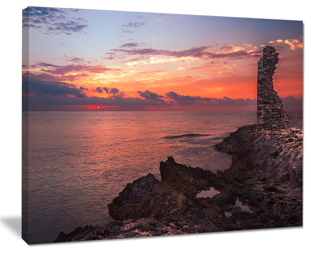 "Red Rocky Beach With Ancient Ruins" Oversized Beach Canvas Artwork, 20"x12"