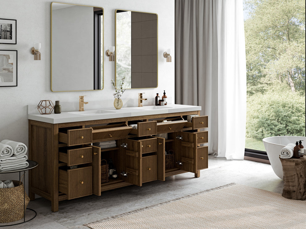 Sonoma Teak 84 Double Sink Bath Vanity in Dark Natural with 2" Carrara Quartz