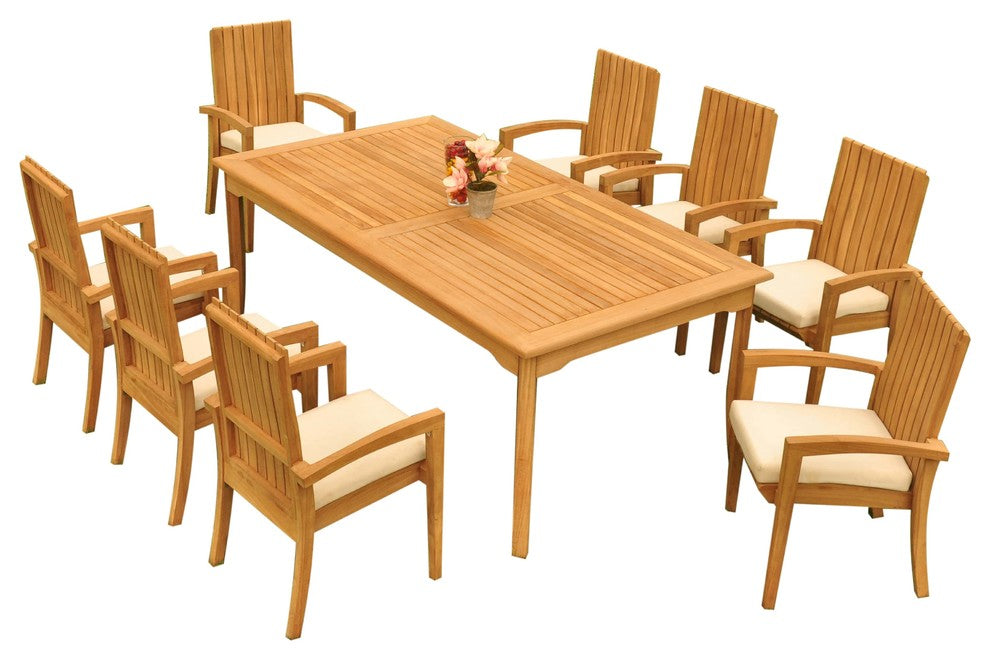 9-Piece Outdoor Teak Dining Set: 83" Rectangle Table, 8 Goa Stacking Arm Chairs