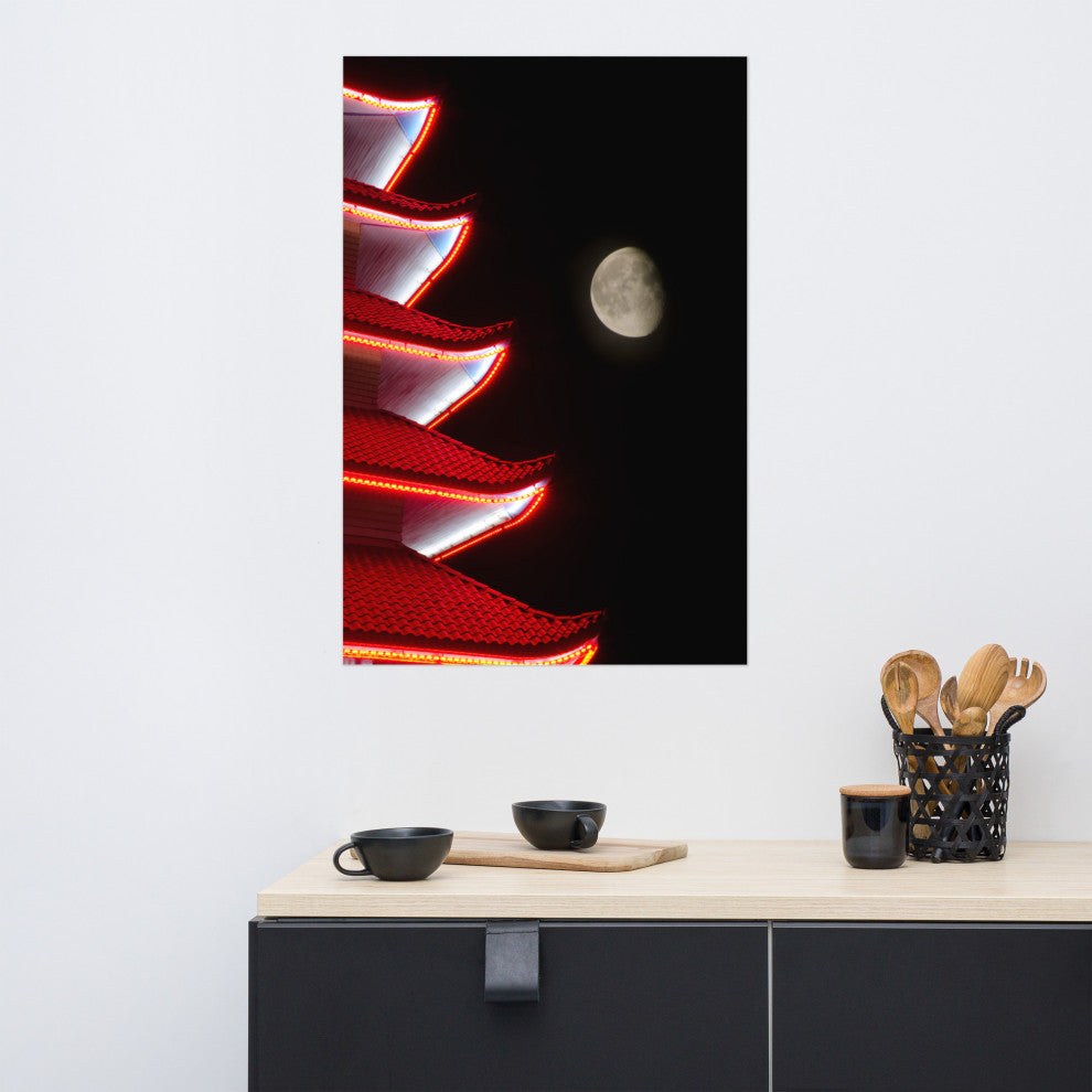 Moon Over Pagoda 1 Night Urban Photograph Unframed Wall Art Print, 24" X 36"